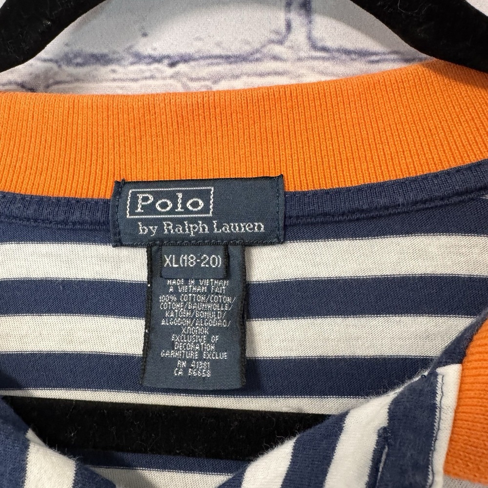 Polo Ralph Lauren Boy's XL / 18 Blu White Striped Polo Orange Trim 100%‎ Cotton